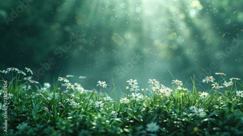 Beautiful minimalistic natural spring background. Below there is grass and flowers. Sun rays and bokeh from above