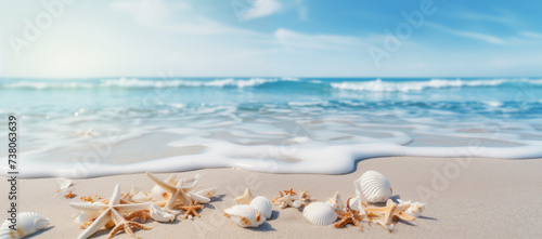 Photorealistic Image of the Sea and Sandy Beach with Seashells and Starfish on a Sunny Day, Eliciting a Sense of Tranquility and Natural Beauty, Perfect for Travel Brochures, Vacation Advertisements