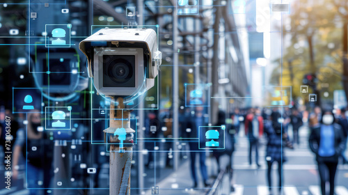 A crowd of people on the street and a facial recognition camera running it. Surveillance and information collection. Smart surveillance capturing data for urban planning.