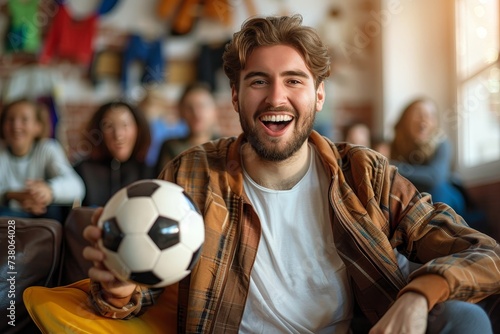 An elated young man holds a soccer ball, surrounded by friends and sports memorabilia, conveying team spirit