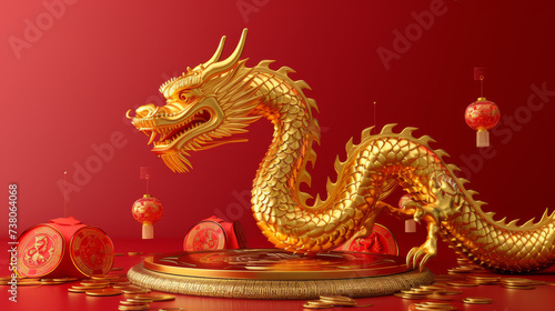 Dragon 3D chinese 2024 year gold new lunar cny podium happy background red golden. Chinese dragon 3D banner china festive illustration invitation money party green japanese render celebration blue 