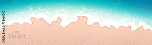 Sea background. Sea waves reach the coastline, beach and sand. Bird's eye view. Wide banner. Vector illustration.