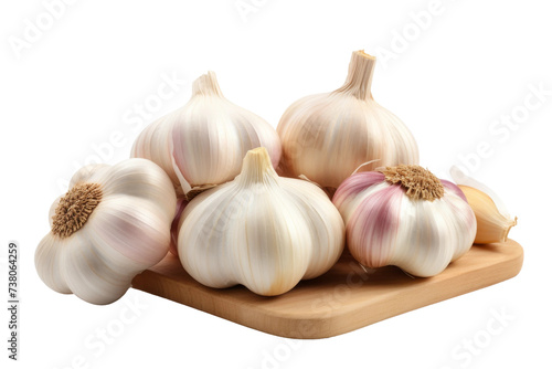 A Bunch of Garlic on a Cutting Board. A photo of several cloves of garlic arranged in a bunch on a wooden cutting board, ready to be used for cooking.