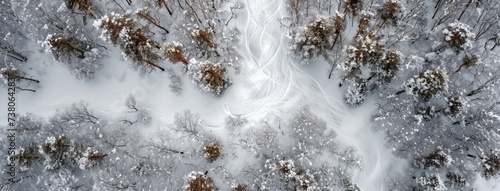 Aerial View of Snowy Forest with Winding Trails © evening_tao