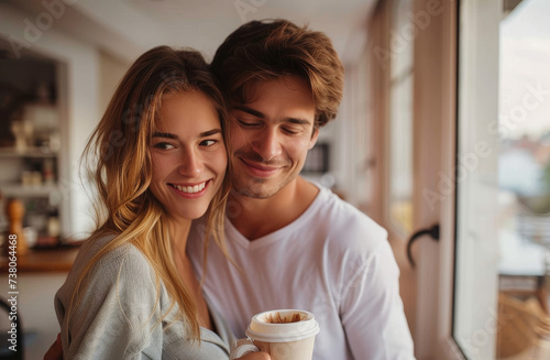 A joyful couple shares a warm embrace while enjoying a morning coffee together, showcasing love and affection