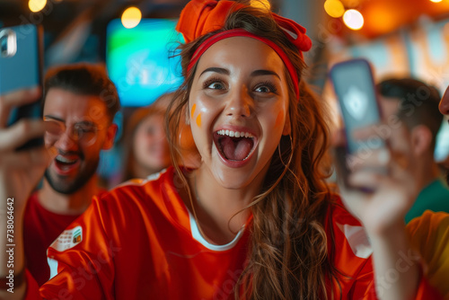 An ecstatic young woman cheers amidst a crowd, her phone capturing the live sports atmosphere