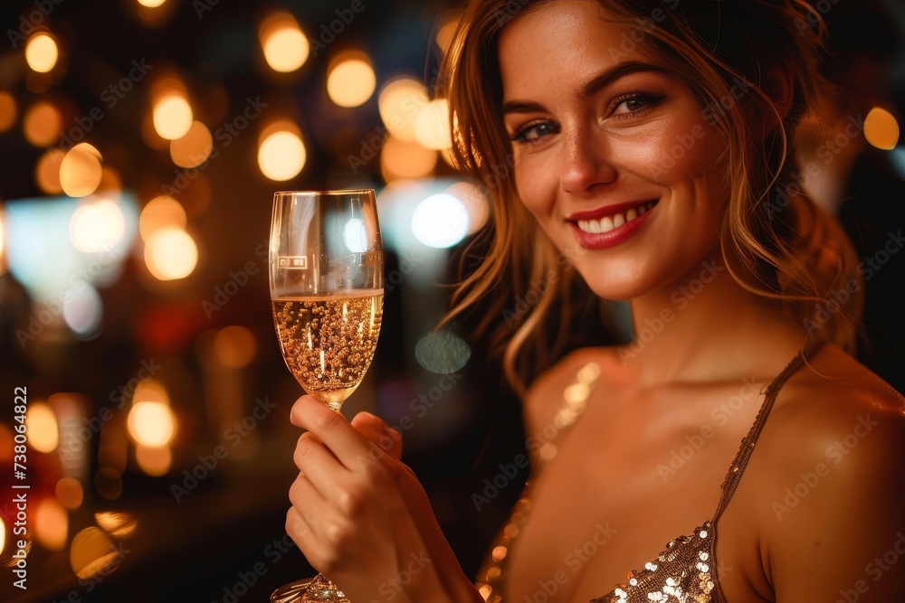 Sophisticated lady celebrating with champagne in a glamorous setting, exuding luxury and elegance