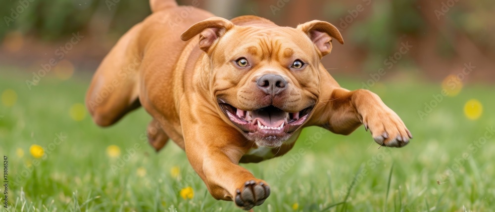 a close up of a dog running in a field of grass with it's mouth open and it's tongue out.
