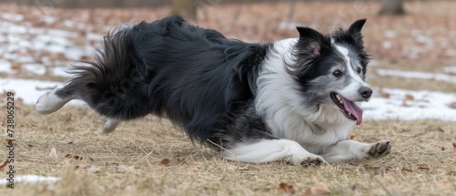 a black and white dog running through a field of dry grass with a frisbee in it's mouth. photo