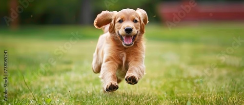 a dog running in the grass with its mouth open and it's tongue out and it's tongue out. photo