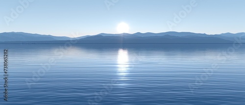 a large body of water with a mountain range in the background and a bright sun in the middle of the picture.