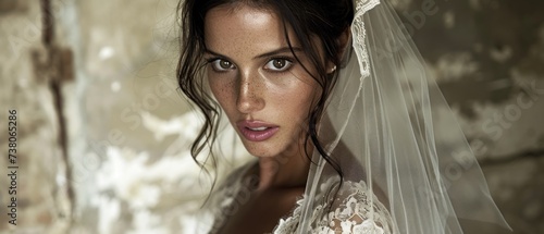 a woman in a wedding dress with a veil on her head and a veil on her head is looking at the camera. photo