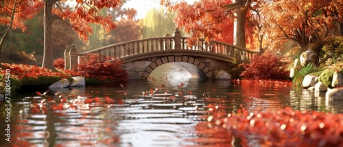 a bridge over a body of water surrounded by trees with red leaves and a bridge in the middle of the water. photo