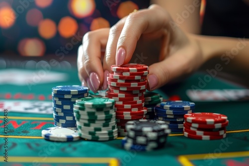 Sharp focus on a woman’s hands as she confidently stacks colorful casino chips against a vibrant background