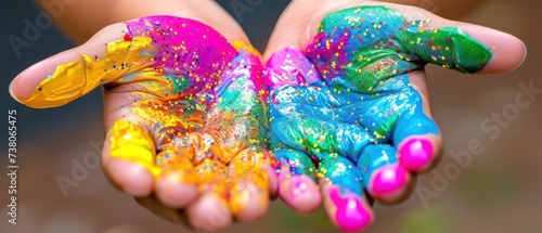 a close up of a child's hands with colorful paint on their hands and a yellow object in the middle of the hands. photo