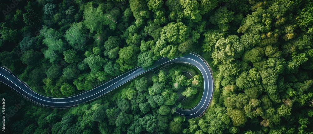 Aerial View of Winding Road in Lush Forest