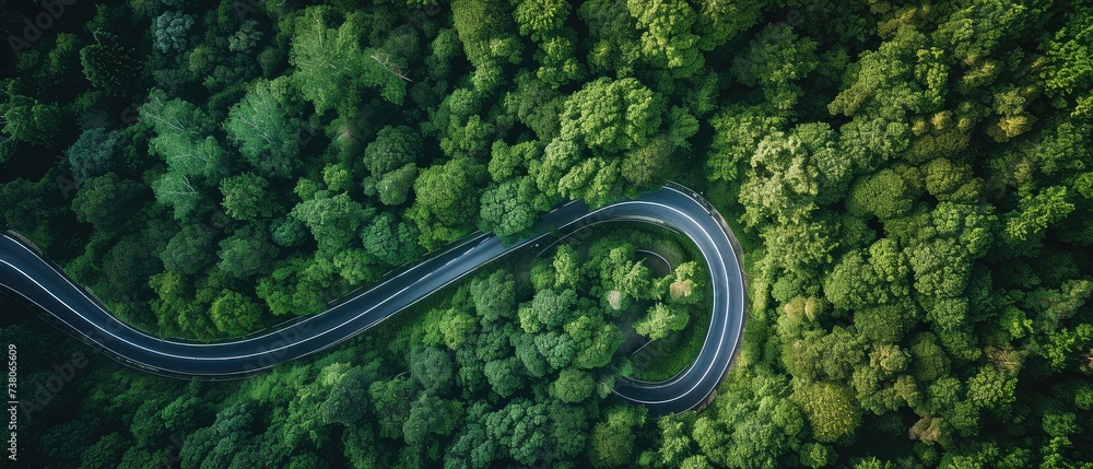 Aerial View of Winding Road in Lush Forest Aerial View of Winding Road in Lush Forest