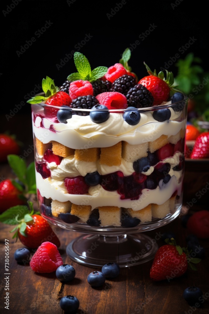 berry trifle with layers of sponge cake, whipped cream, and a medley of fresh berries; dessert photography; best for banners, flyer, and poster berry trifle with layers of sponge cake, whipped cream, and a medley of fresh berries; dessert photography; best for banners, flyer, and poster