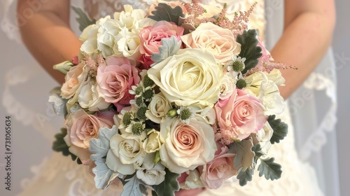 Female Hand presents eElegant bouquet of mixed roses and blossoms photo