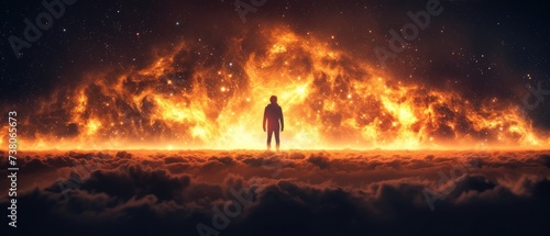 a man standing in the middle of a field of clouds in front of a huge explosion of fire and lava.