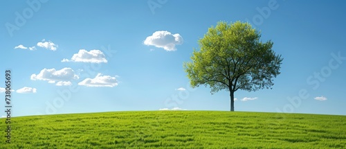 a lone tree on a grassy hill under a blue sky with white clouds and a few clouds in the sky.