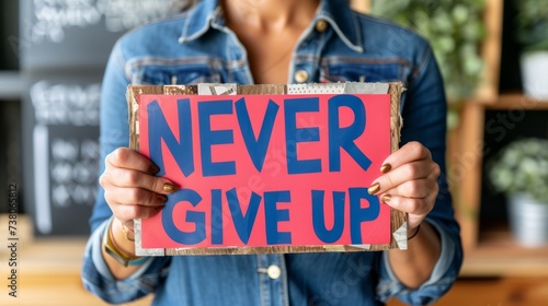 Motivational concept  woman holding sign  never give up  on blurry background, success inspiration.