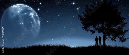 two people standing under a tree on a hill under a night sky with stars and the moon in the distance. photo