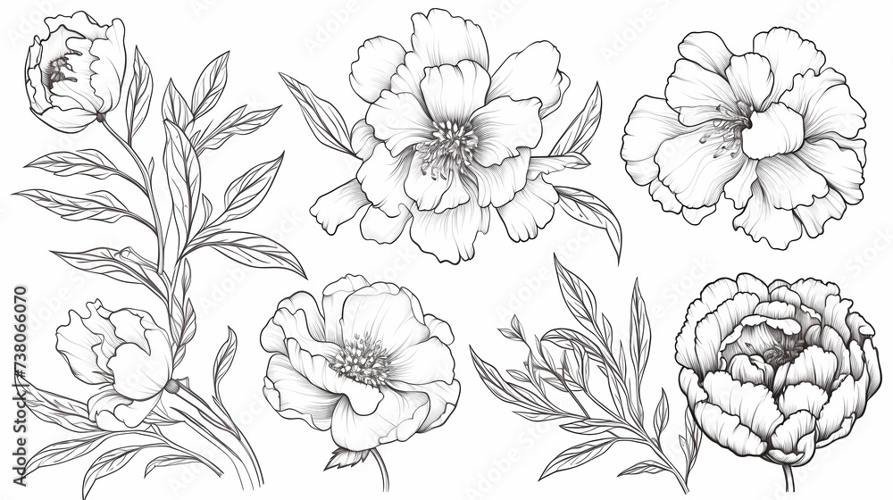 Set of peony flowers and leaves, Hand drawn botanical vector illustration, Generative AI illustrations. - obrazy, fototapety, plakaty 
