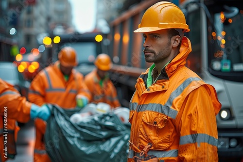 A focused male worker in orange safety gear stands out among his team, with a rubbish bag in hand photo