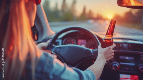 Intoxicated young woman endangering lives while driving with beer bottle in hand