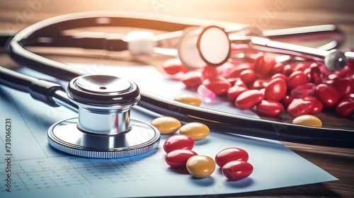 Stethoscope and red and yellow pills on wooden table, Medical concept, Generative AI illustrations. photo