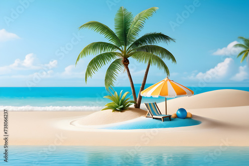Miniature beach model  white sand  miniature azure waves  diminutive palm trees  a petite striped beach umbrella planted in the sand  a tiny vibrant beach ball. Generative AI