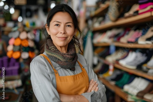Warm and inviting, this shoe store worker exudes a welcoming atmosphere with a friendly smile