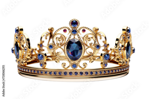 Regal Crown With Blue and Red Jewels. A gold crown adorned with vibrant blue and red jewels, fit for a royal ruler, sits elegantly on a display.