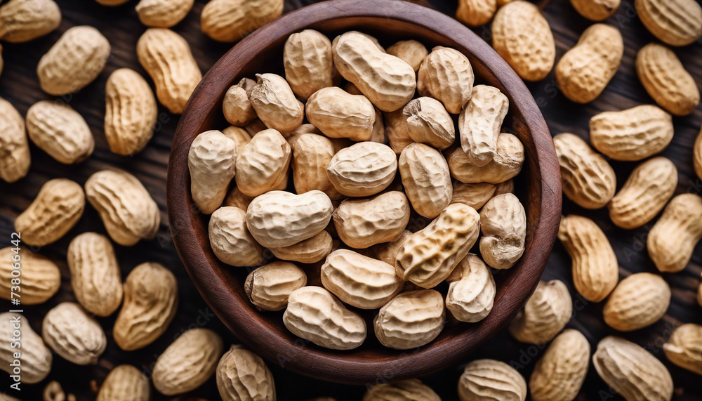 shelled peanuts in a wooden bowl, top view.
shelled peanuts in a wooden bowl, top view.