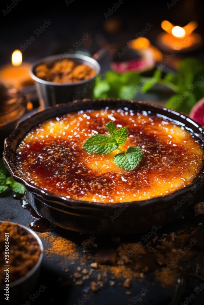 classic crème brûlée, with a perfectly caramelized sugar crust; dessert photography; best for banners, flyer, and poster