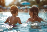 Two young children play and splash in water with sunlight reflecting, showcasing joyfulness and summer fun