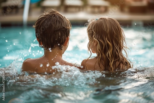 Two kids engaged in a friendly conversation in a pool  highlighting shared moments and summer vibes