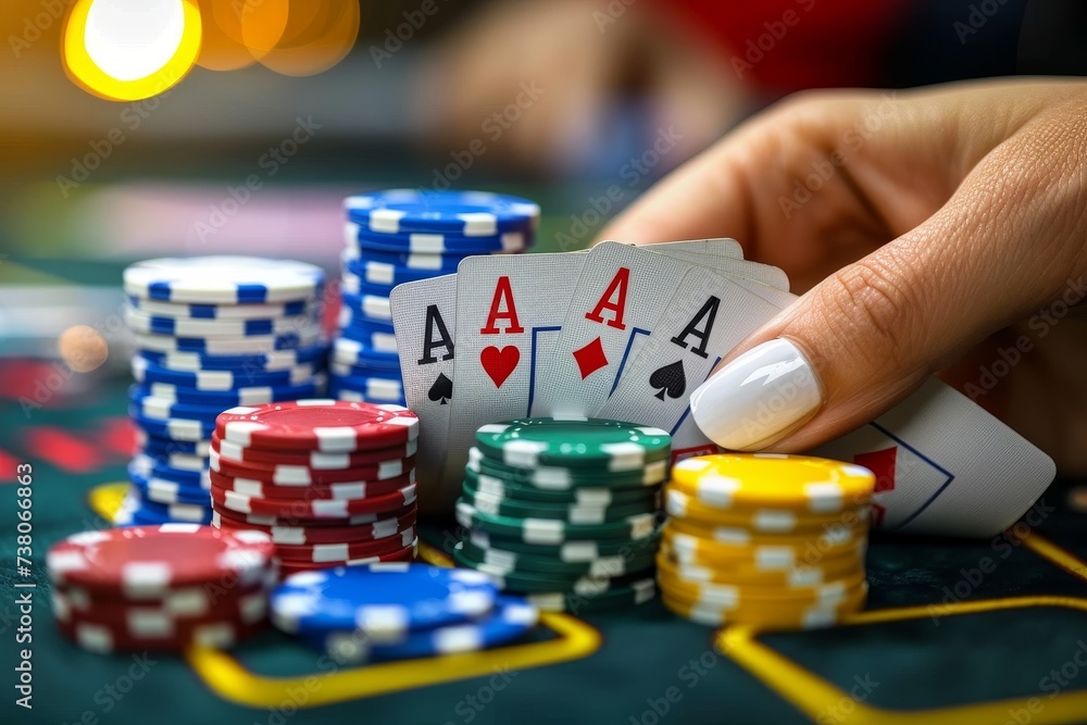 An exciting gamblers' moment with a winning poker hand on a casino table surrounded by a large bet An exciting gamblers' moment with a winning poker hand on a casino table surrounded by a large bet
