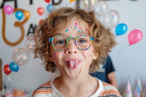 Young child smiles wearing novelty glasses and sticking out tongue with party balloons in the background