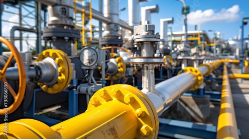 Gas pipelines and valves on distribution station under blue sky, industrial scene with text space.