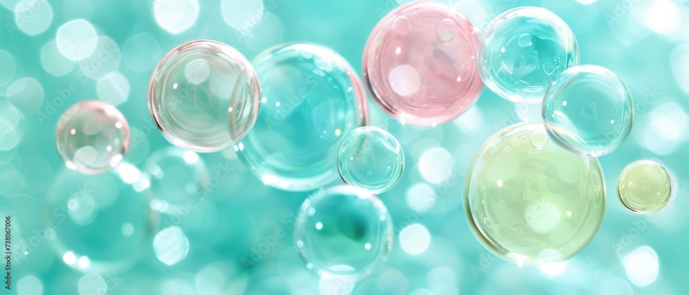a group of soap bubbles floating on top of a blue and green background with lots of bubbles floating on top of each other.