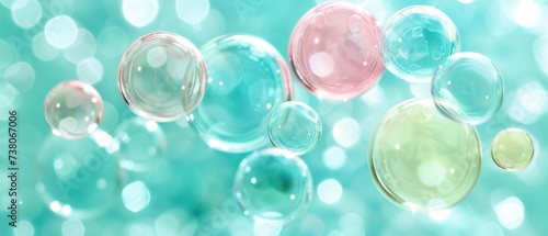 a group of soap bubbles floating on top of a blue and green background with lots of bubbles floating on top of each other.