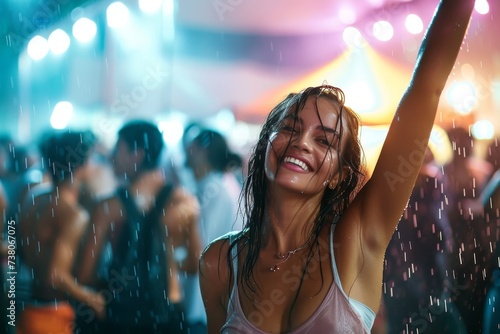 Energetic female celebrating with a carefree dance amongst a crowd during a rainy night social event photo