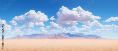 a desert landscape with a mountain range in the distance and a blue sky with white clouds in the foreground. photo