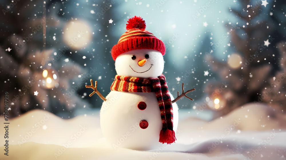 Romantic encounter between snowman and Christmas snowflakes