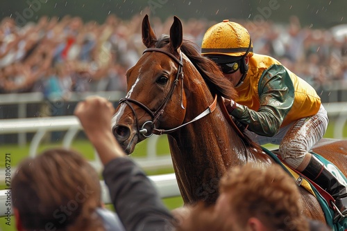 Intense close-up of a jockey in yellow guiding a brown racehorse with focused determination at a horse racing event