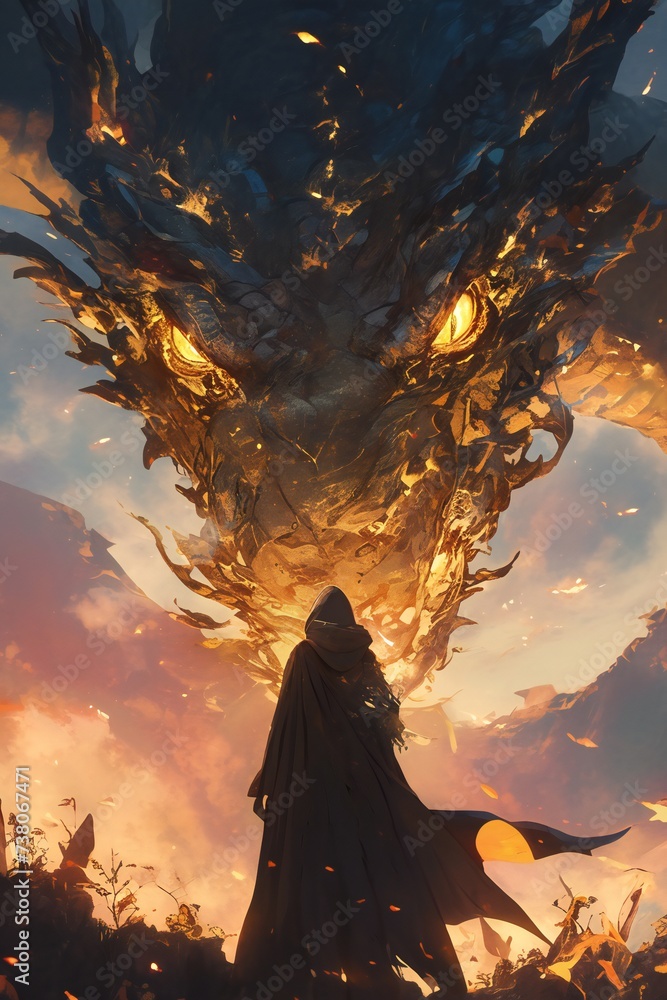 dark silhouette of person wearing hoodie facing snake, dragon dark silhouette of person wearing hoodie facing snake, dragon