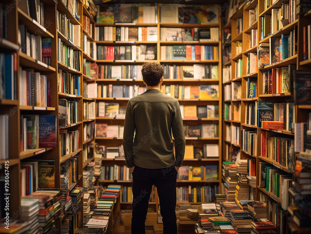 A person engrossed in a bookstore, with shelves full of books and an inviting atmosphere. A person engrossed in a bookstore, with shelves full of books and an inviting atmosphere.