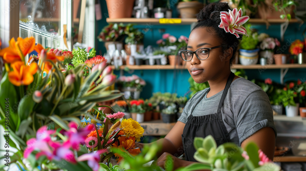 Local business. Young beautiful florist standing in her shop, working on flower bouquet. Local business. Young beautiful florist standing in her shop, working on flower bouquet.